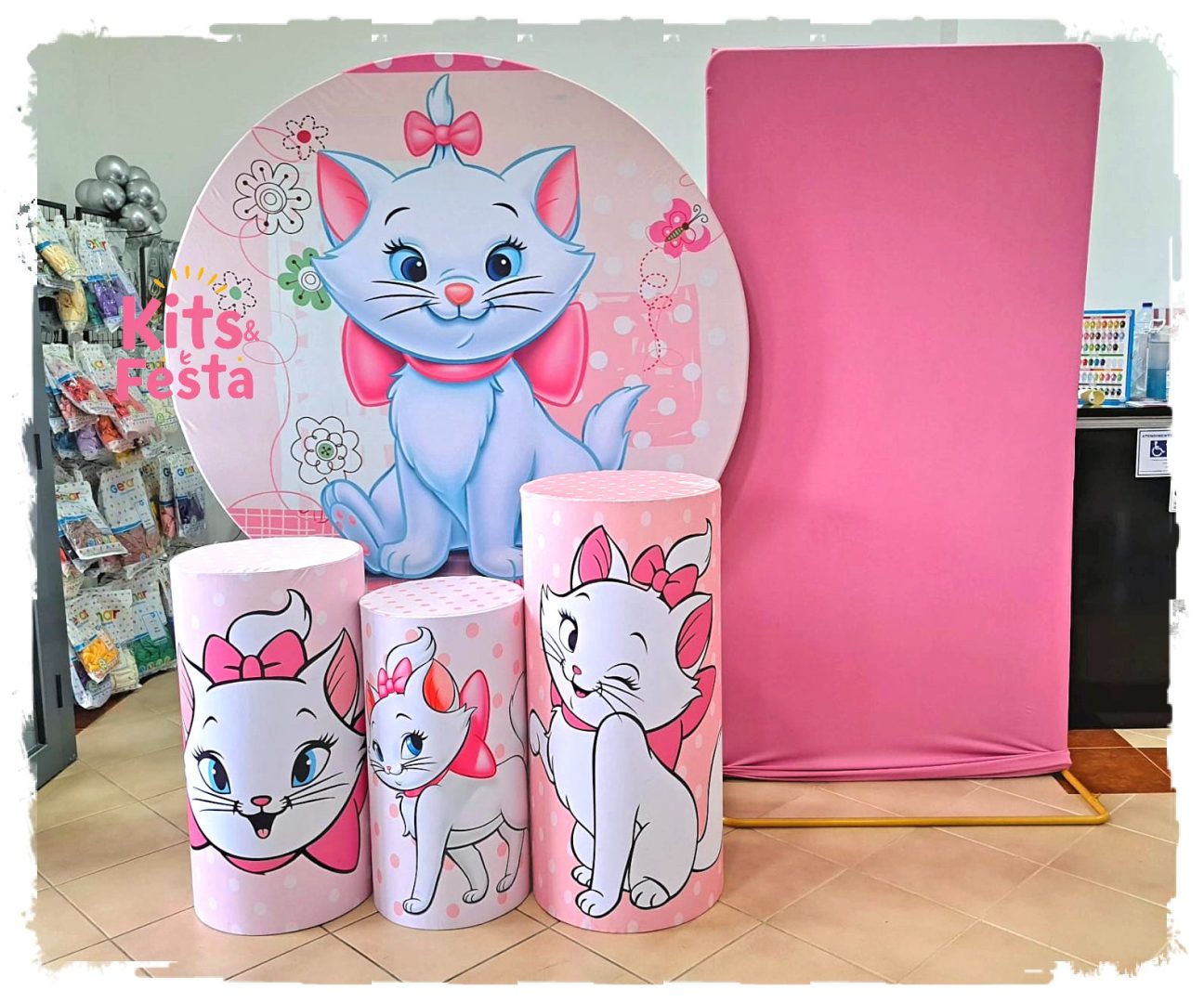 Gatinha Marie 2 painéis, Kit Festa Decoração, Aniversário 1 Gatinha Marie, Kits Festa, aluguer, decoração, aniversário, ilha de são miguel, açores